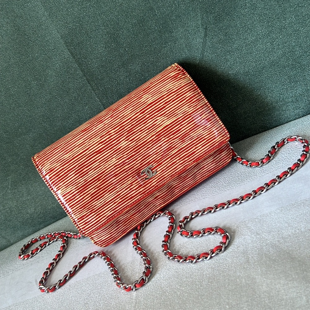 Chanel Orange Patent Striped Wallet On Chain Crossbody Bag SHW